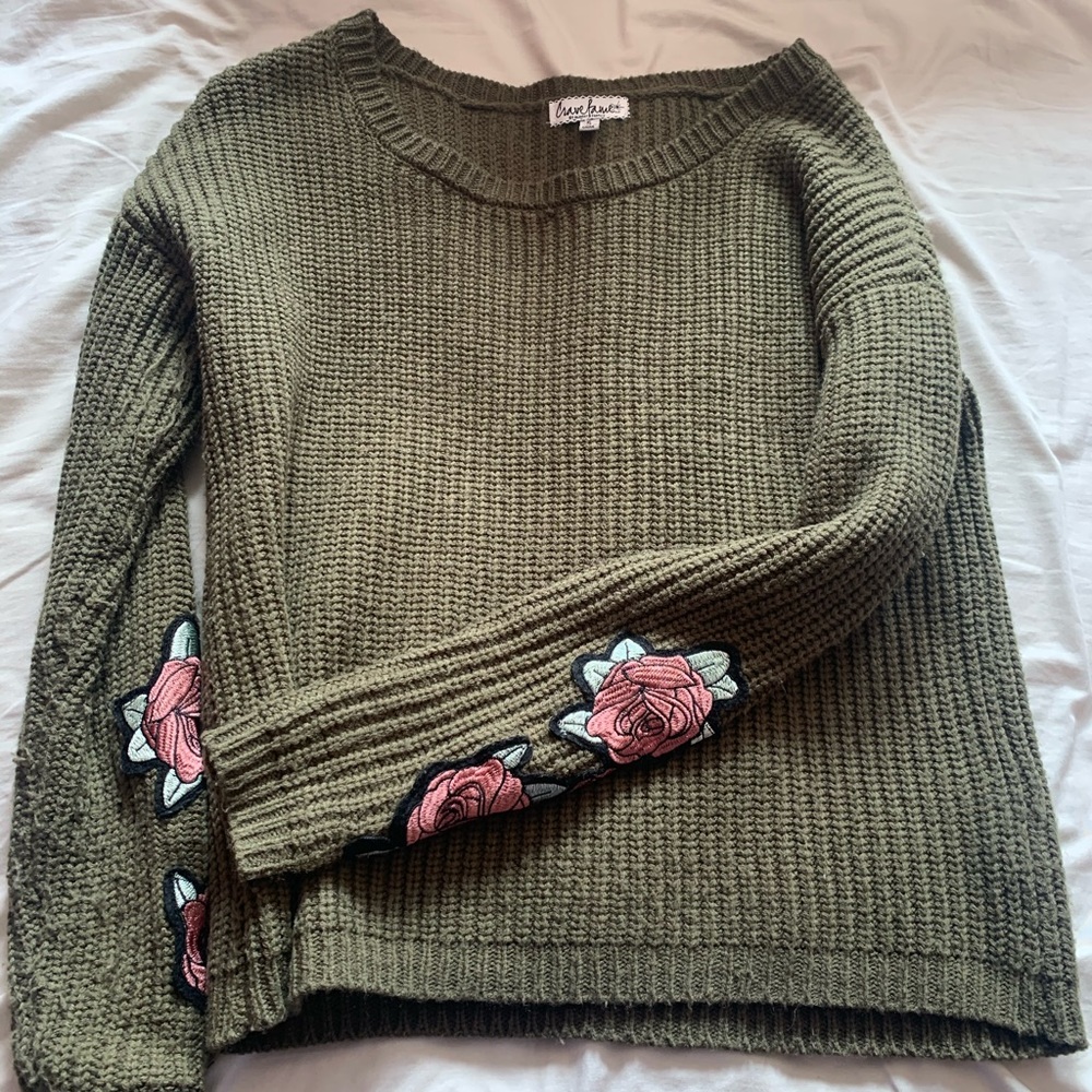 Olive Green Knit Sweater with Embroidered Sleeves